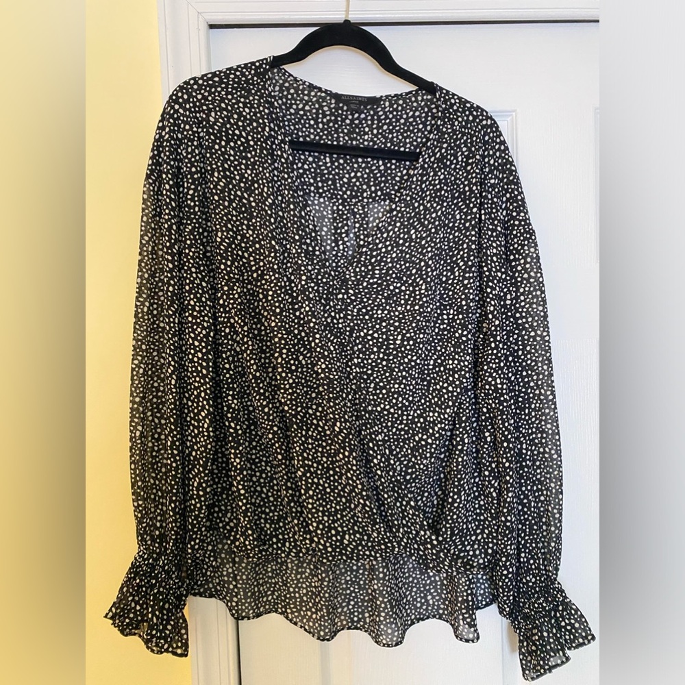 All Saints Black and White Printed V-Neck Blouse